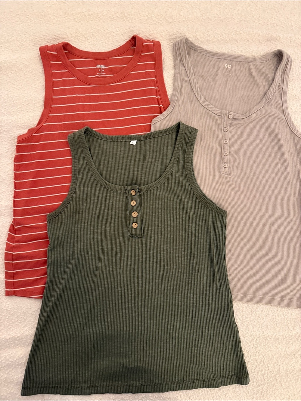 3-Pack Women’s Ribbed Tank Tops - Olive, Rust Stripe, Taupe - Mixed Brands